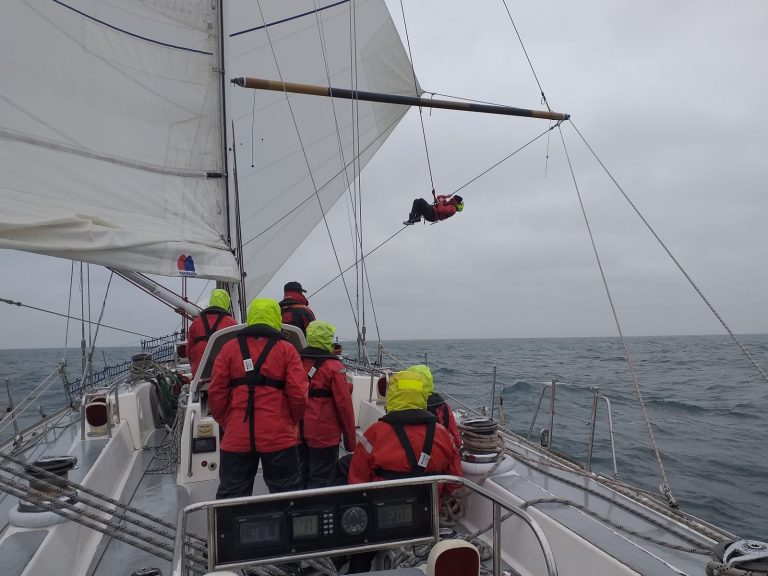 climbing spinnaker pole in wet weather